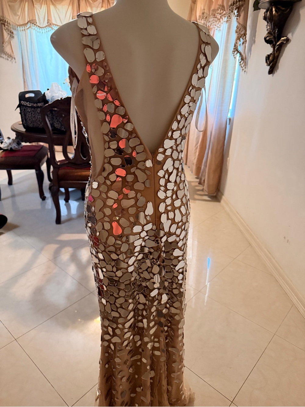 Jovani Nude Maxi Gown with Silver Mirror Petals - Picture 2 of 3